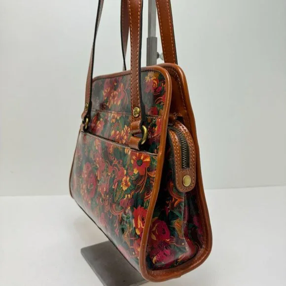 Patricia Nash Zip Close Expandable Floral Smooth Leather Tote Brown Orange Green - Picture 4 of 9